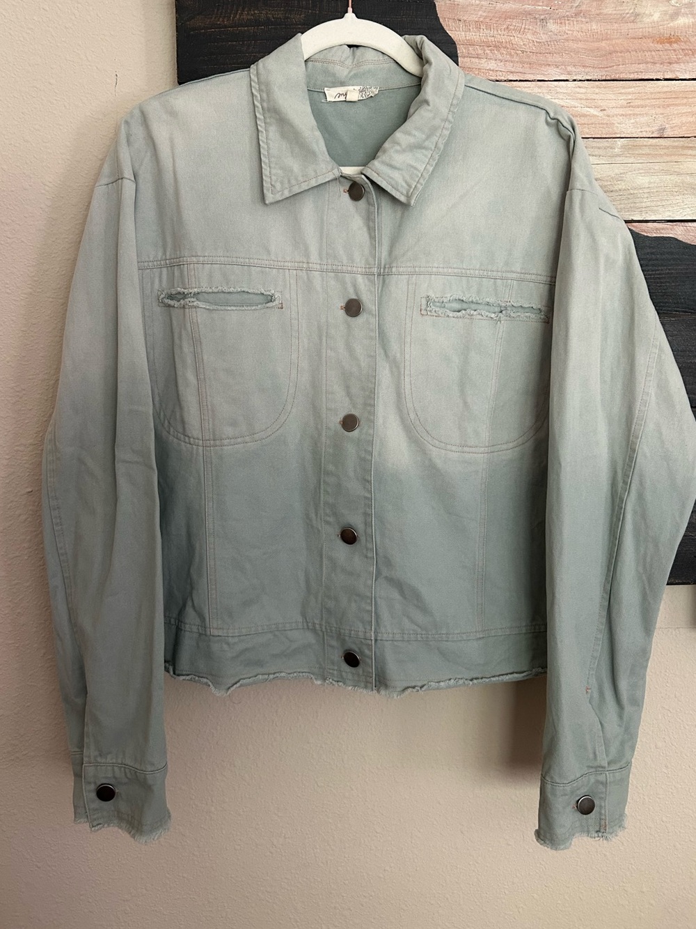 Mystree Lightweight Frayed Raw Edge Hem Ombre Sage Button Down Denim Jacket